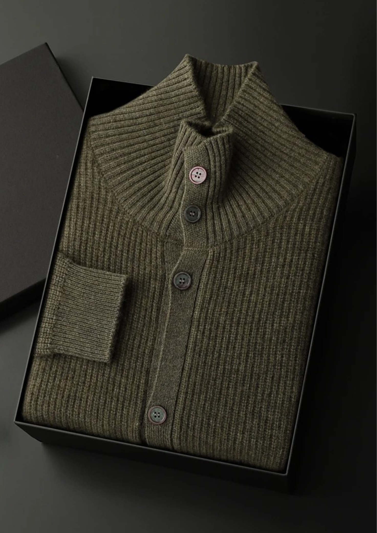 Men’s Ribbed Button-Front Cardigan with High Collar