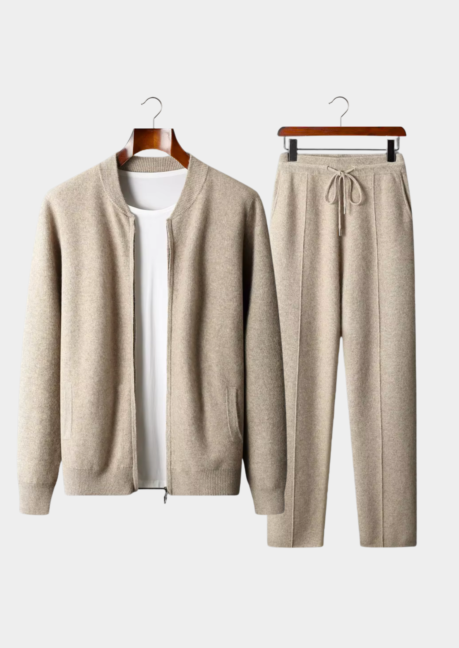 Men’s Ribbed Collar Two-Piece Set with Drawstring Pants