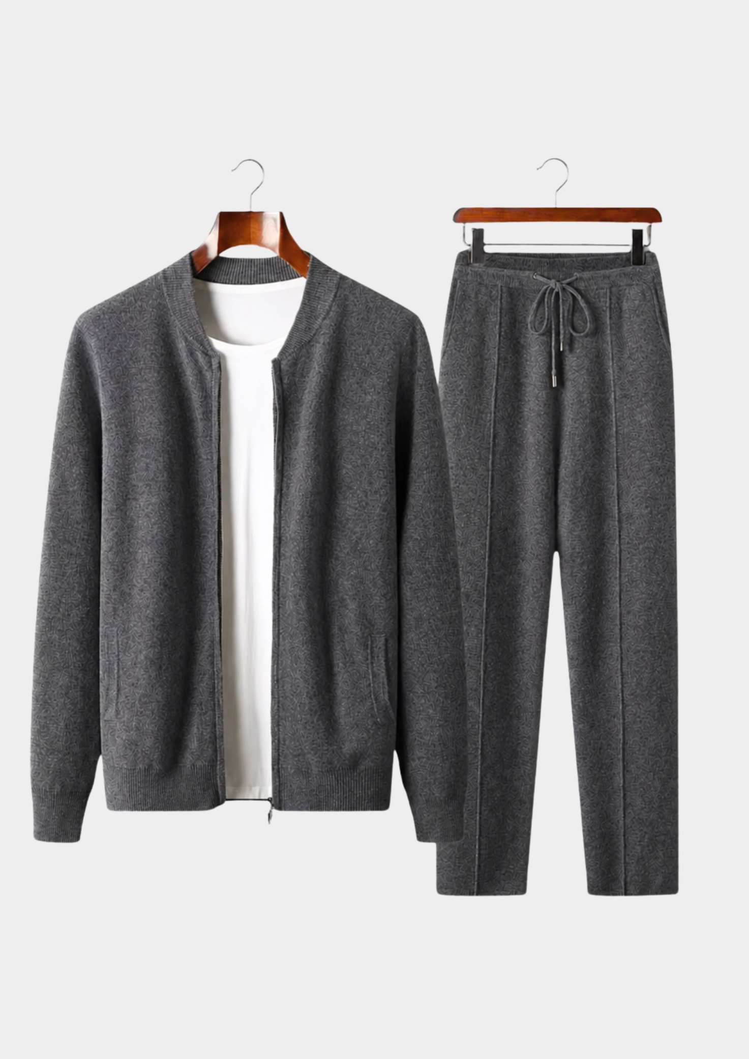 Men’s Ribbed Collar Two-Piece Set with Drawstring Pants