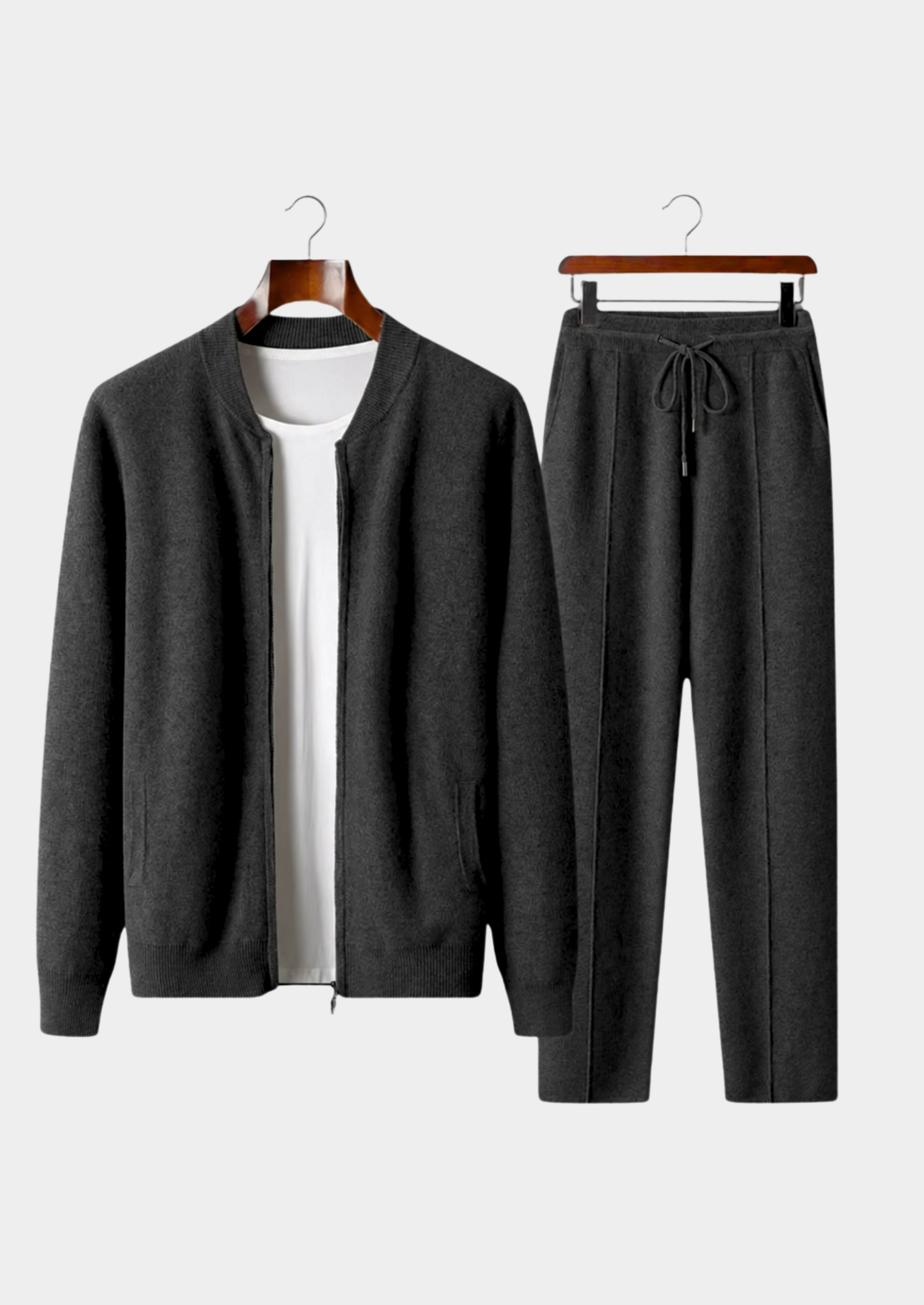 Men’s Ribbed Collar Two-Piece Set with Drawstring Pants