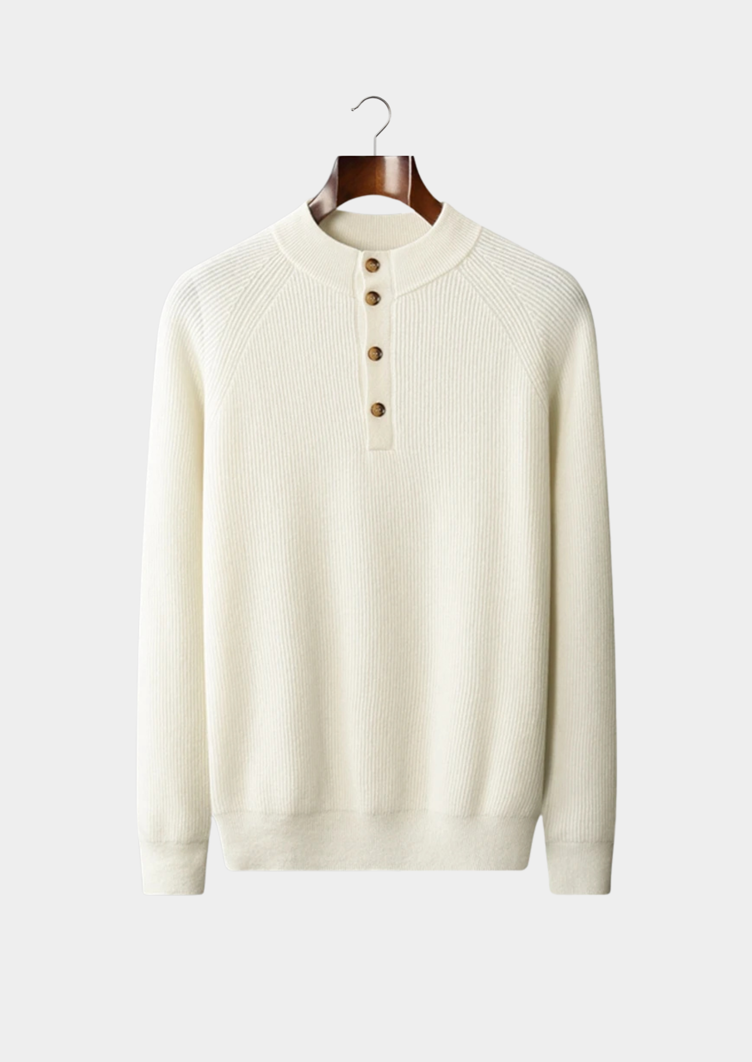 Men’s Cashmere Ribbed Henley Mock Neck Sweater with Buttons