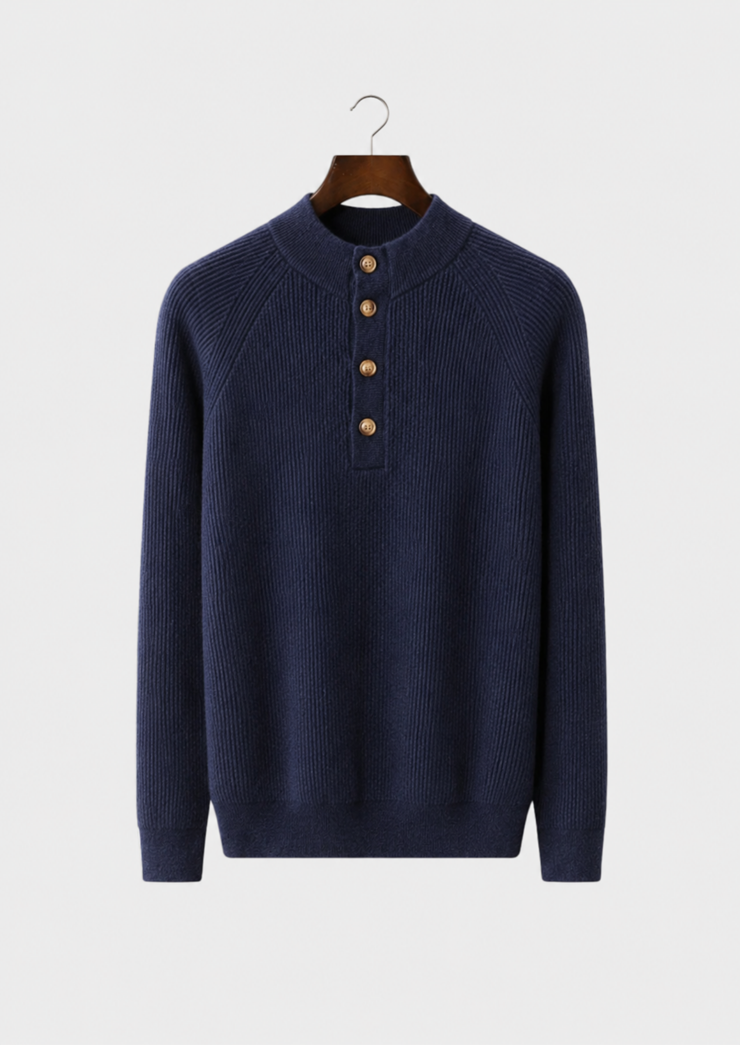 Men’s Cashmere Ribbed Henley Mock Neck Sweater with Buttons