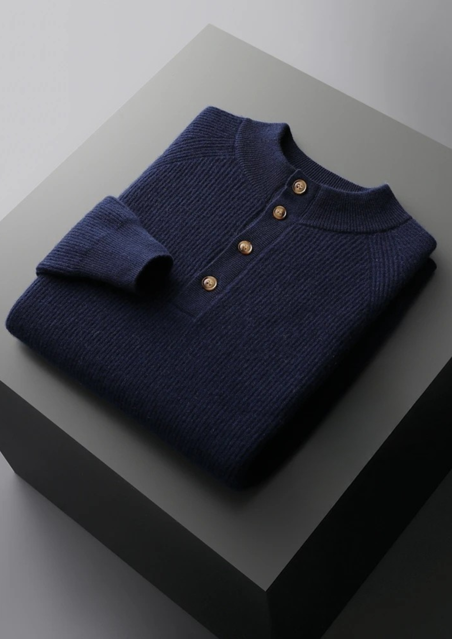 Men’s Cashmere Ribbed Henley Mock Neck Sweater with Buttons