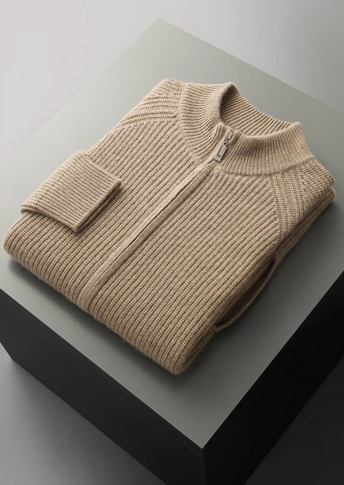 Men’s Ribbed Knit Zip-Up Cardigan with Mock Neck