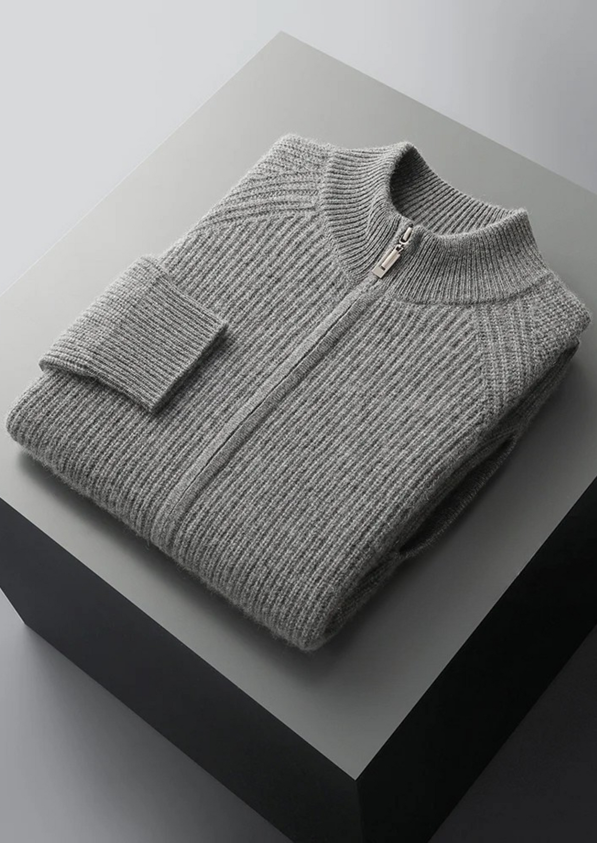 Men’s Ribbed Knit Zip-Up Cardigan with Mock Neck