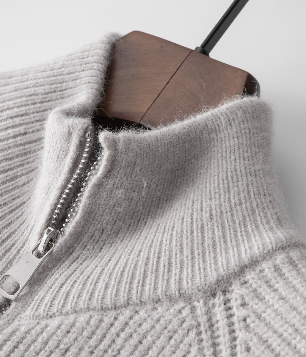 Men’s Ribbed Zip Front Cardigan with Stand Collar