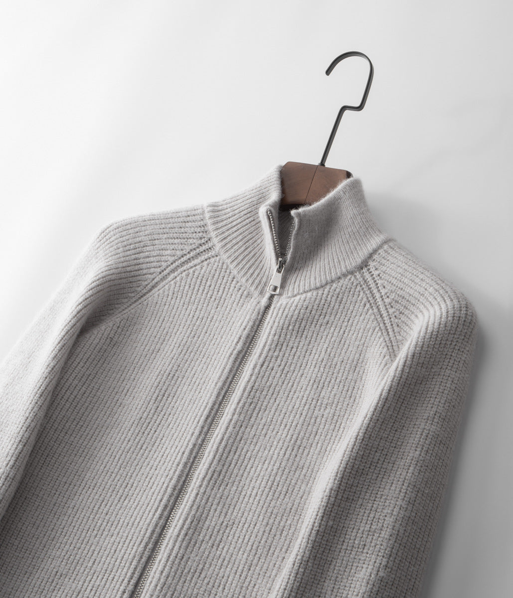 Men’s Ribbed Zip Front Cardigan with Stand Collar