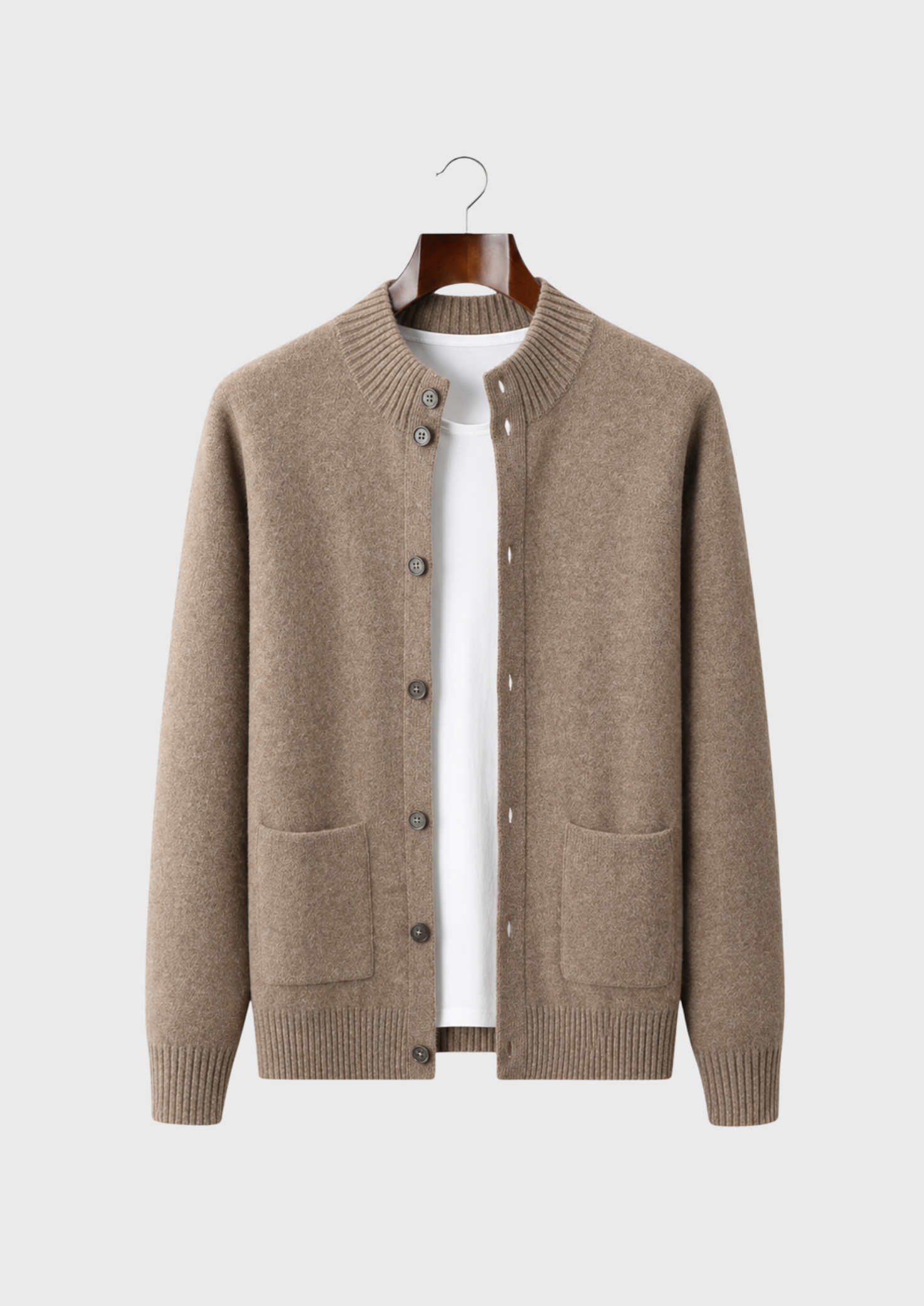 Men’s Button-Front Cardigan with Ribbed Stand Collar