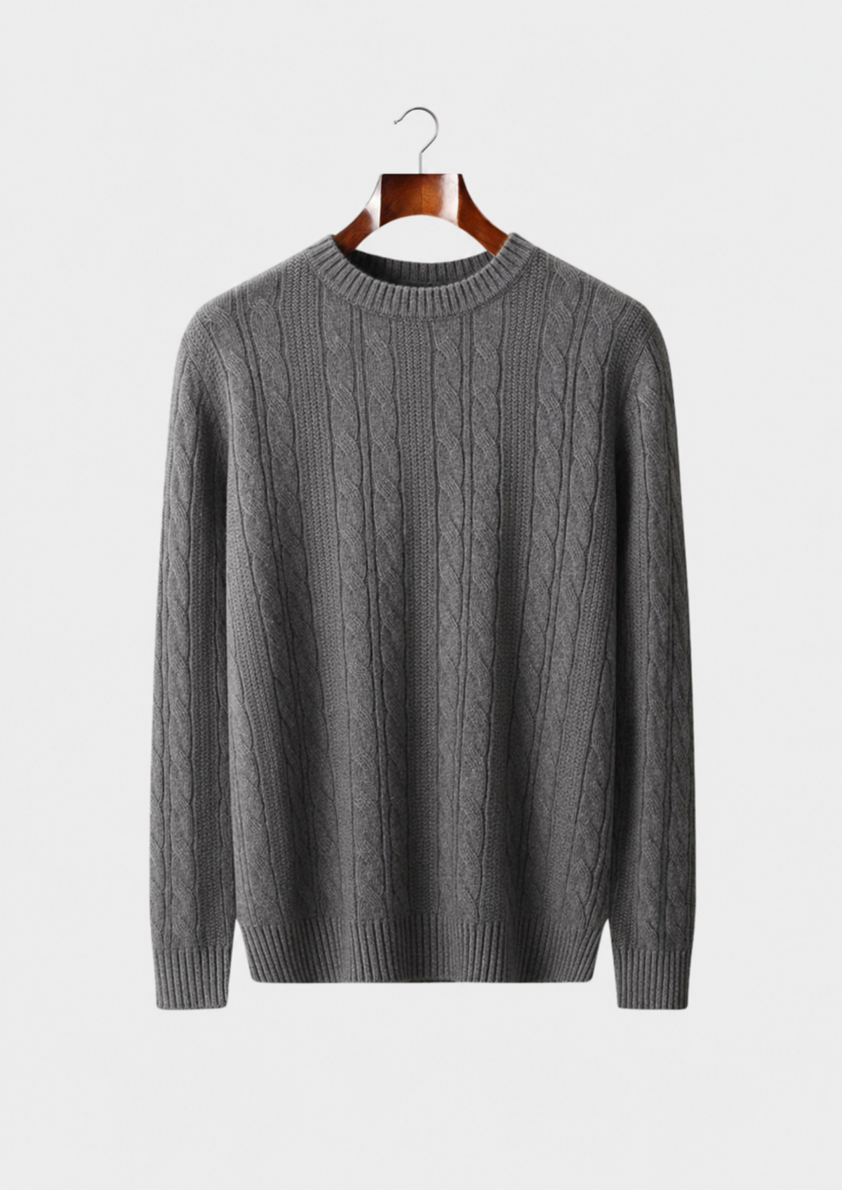 Men’s Merino Wool Cable Knit Crewneck Sweater with Ribbed Trim
