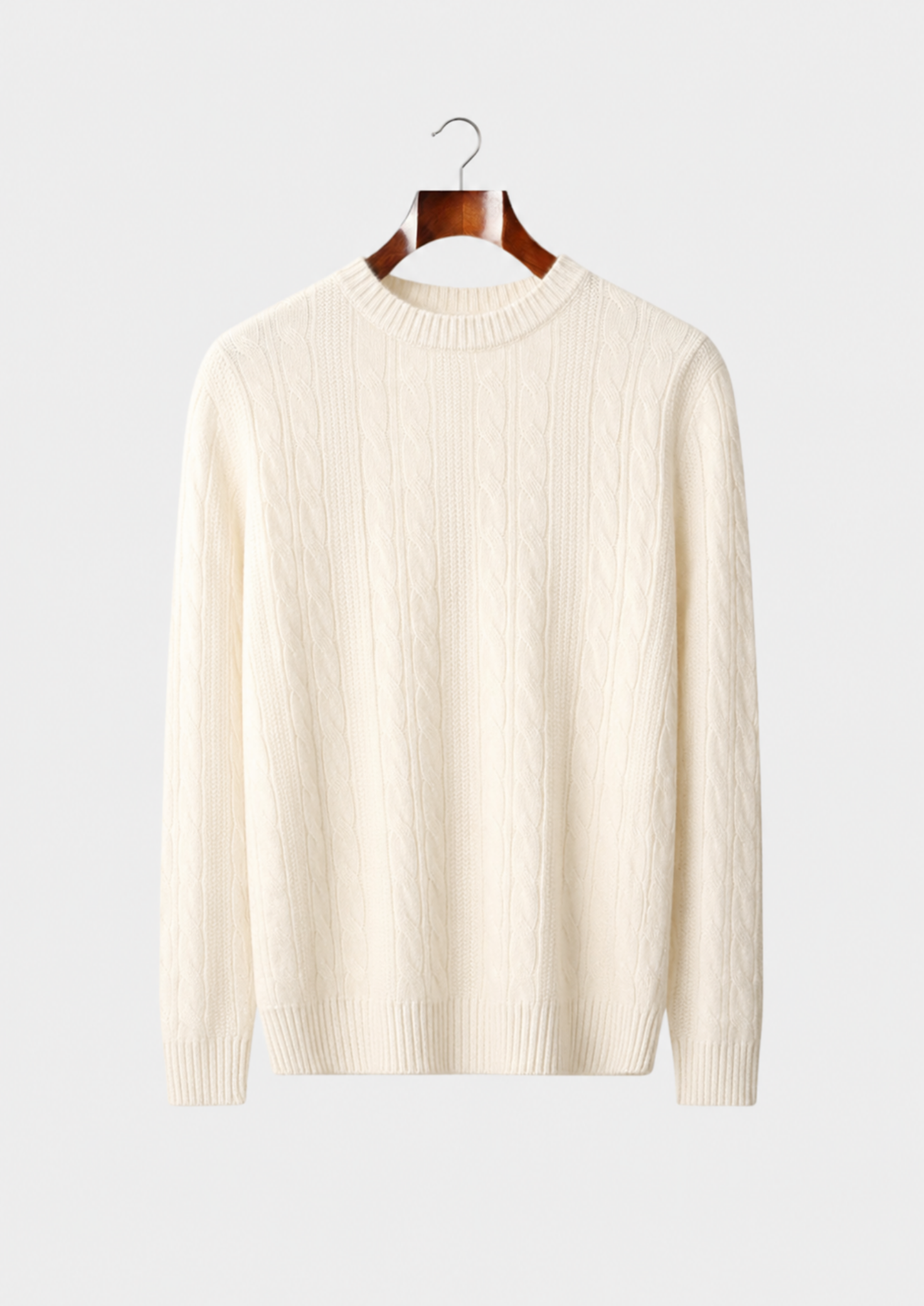 Men’s Merino Wool Cable Knit Crewneck Sweater with Ribbed Trim