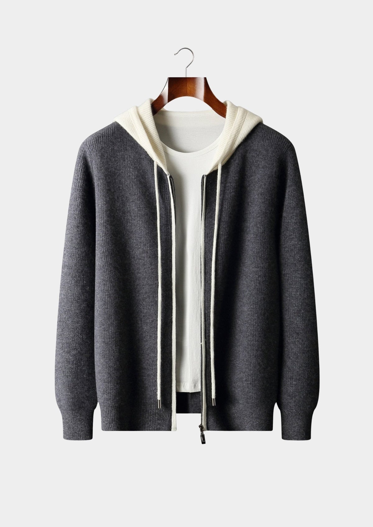 Men's Cashmere Two-Tone Ribbed Zip-Up Hoodie