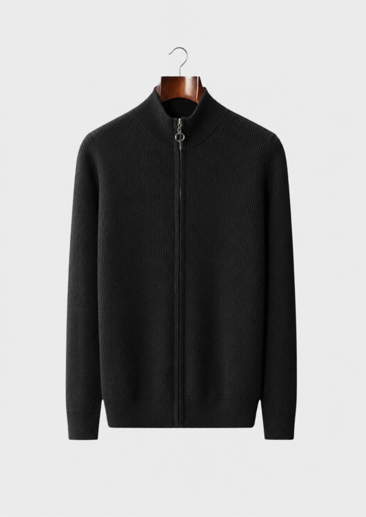 Men’s Merino Wool Full-Zip Ribbed Cardigan with Stand Collar