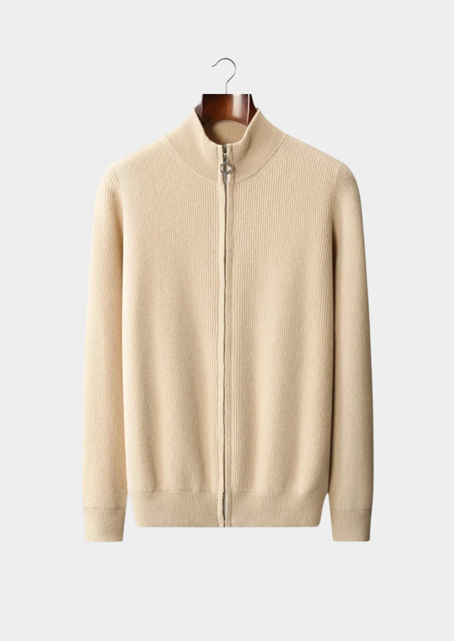 Men’s Merino Wool Full-Zip Ribbed Cardigan with Stand Collar