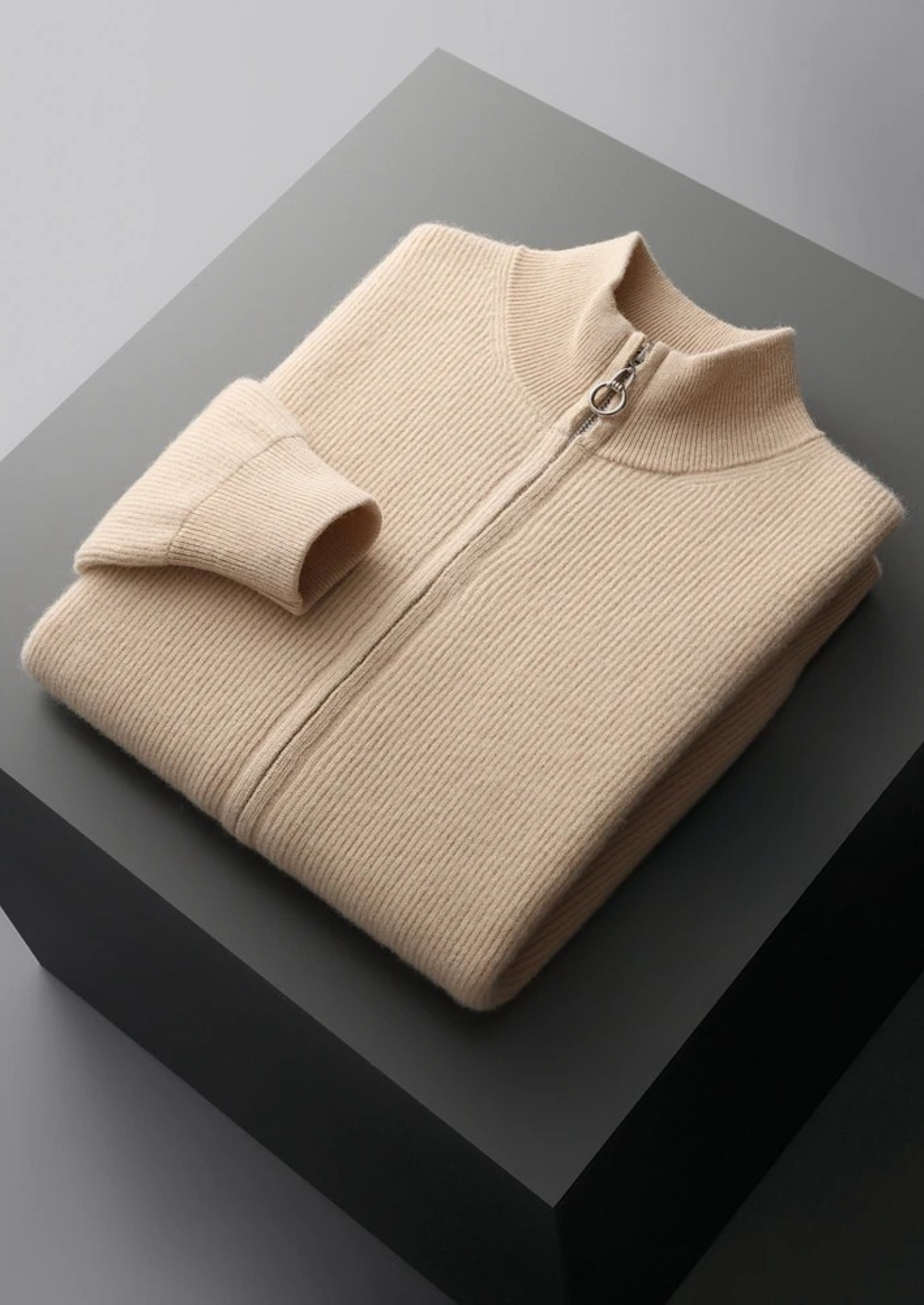 Men’s Merino Wool Full-Zip Ribbed Cardigan with Stand Collar
