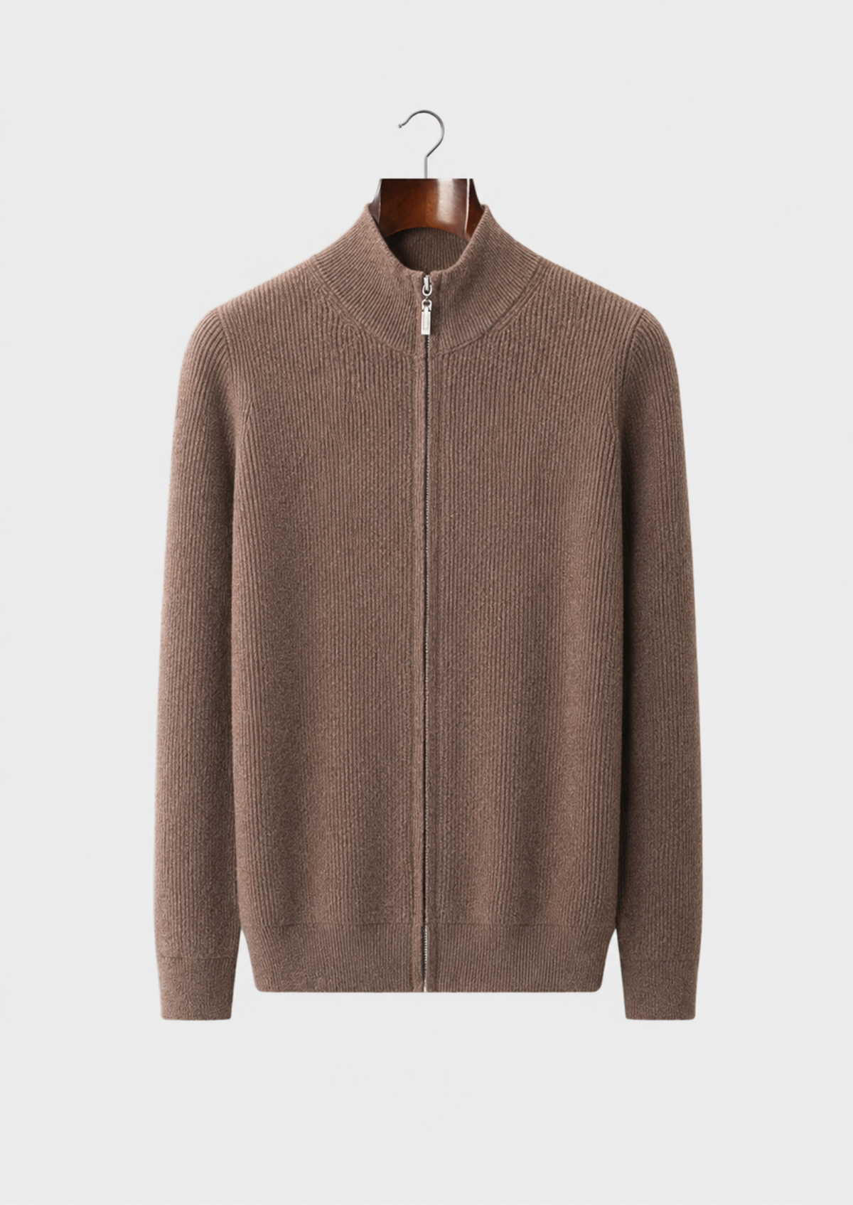 Men’s Merino Wool Full-Zip Ribbed Cardigan with Stand Collar