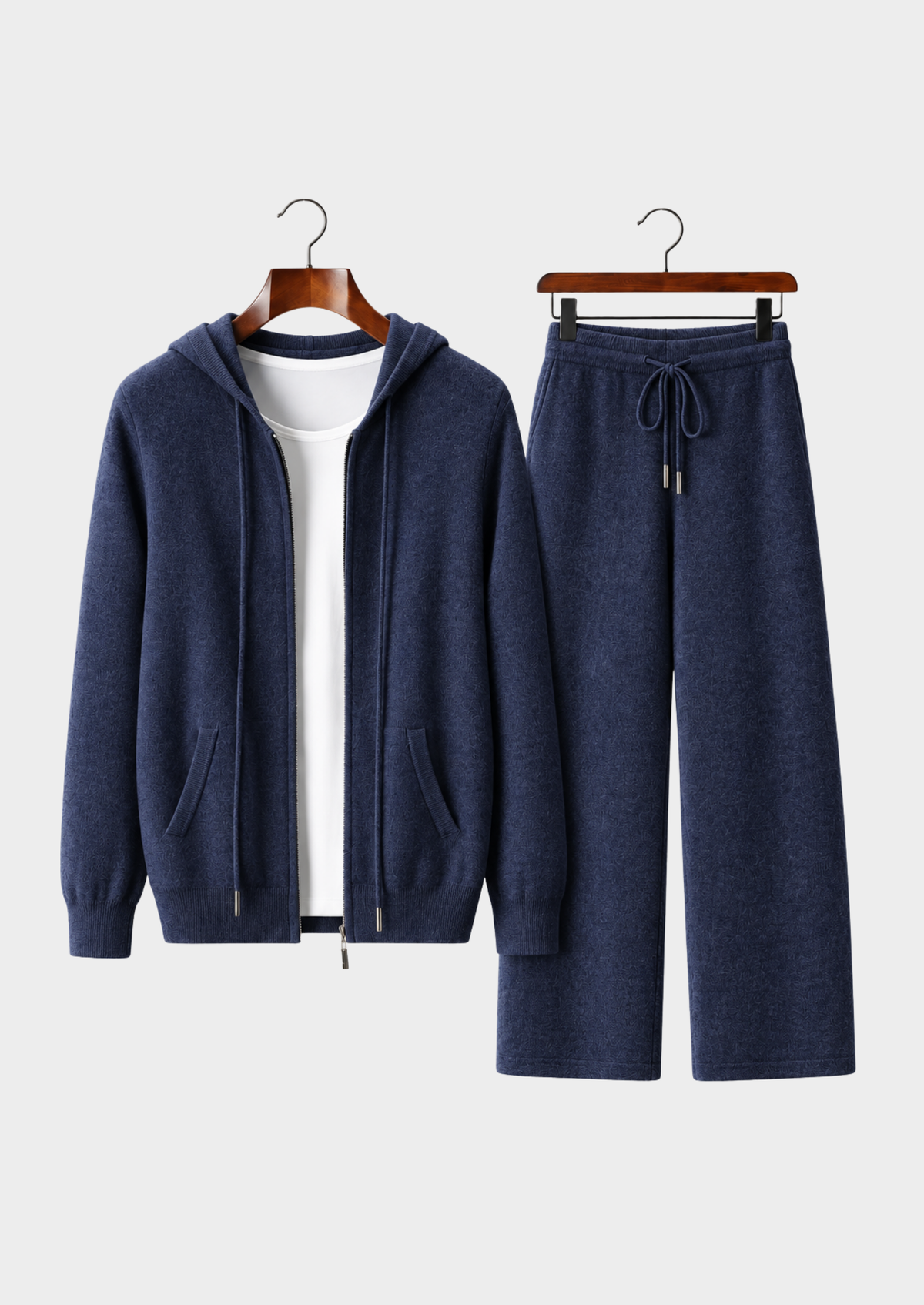 Men's Merino Wool Hooded Cardigan and Wide-Leg Knit Pants Set