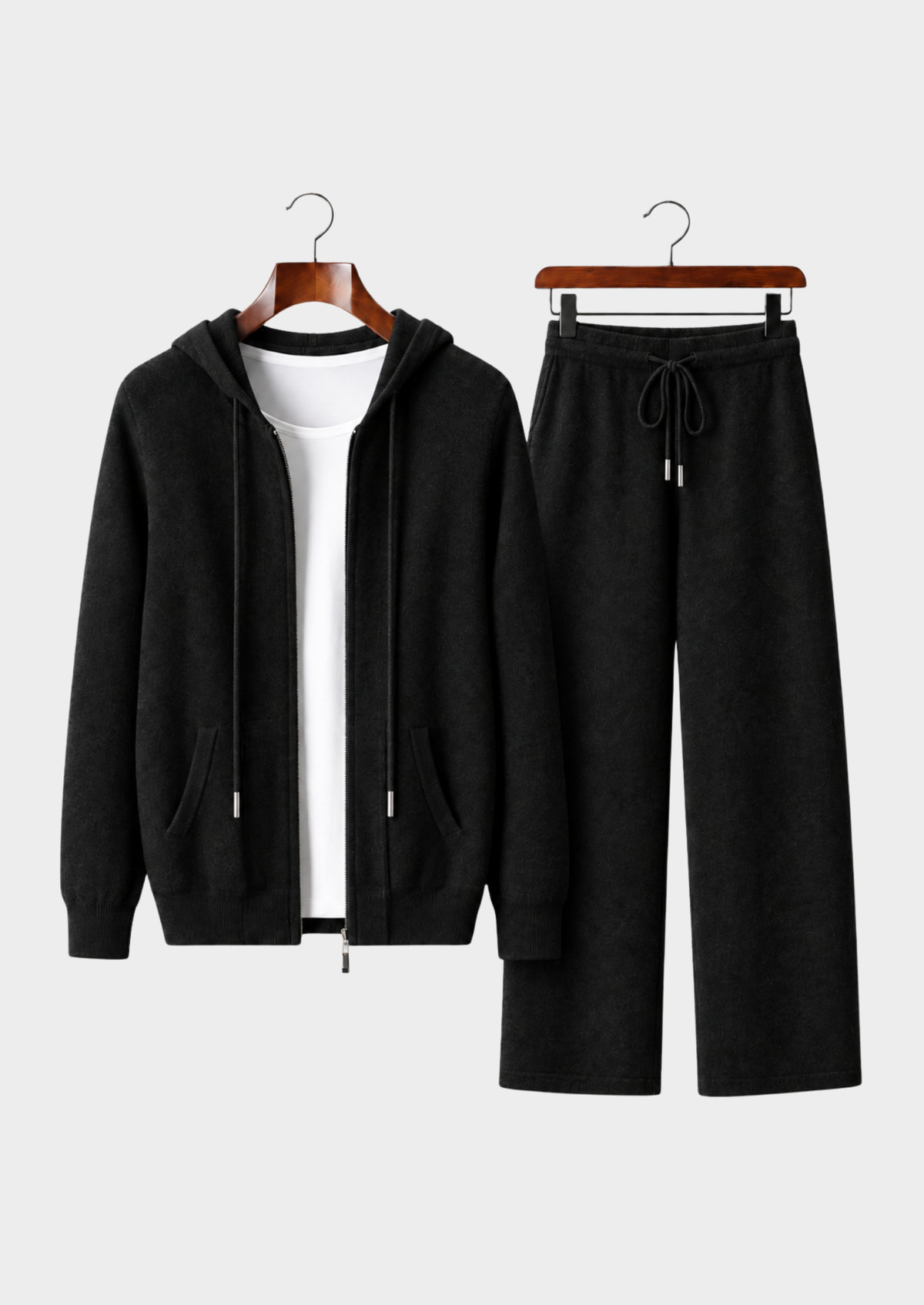 Men's Merino Wool Hooded Cardigan and Wide-Leg Knit Pants Set