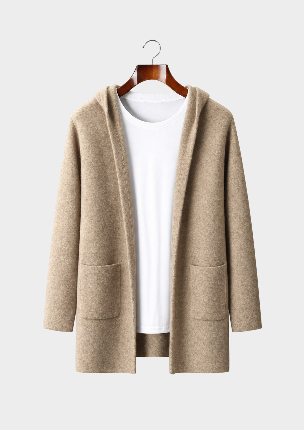 Men's Merino Wool Hooded Mid-Length Knit Cardigan Coat