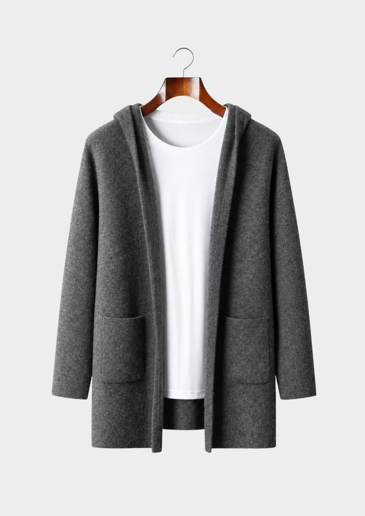 Men's Merino Wool Hooded Mid-Length Knit Cardigan Coat