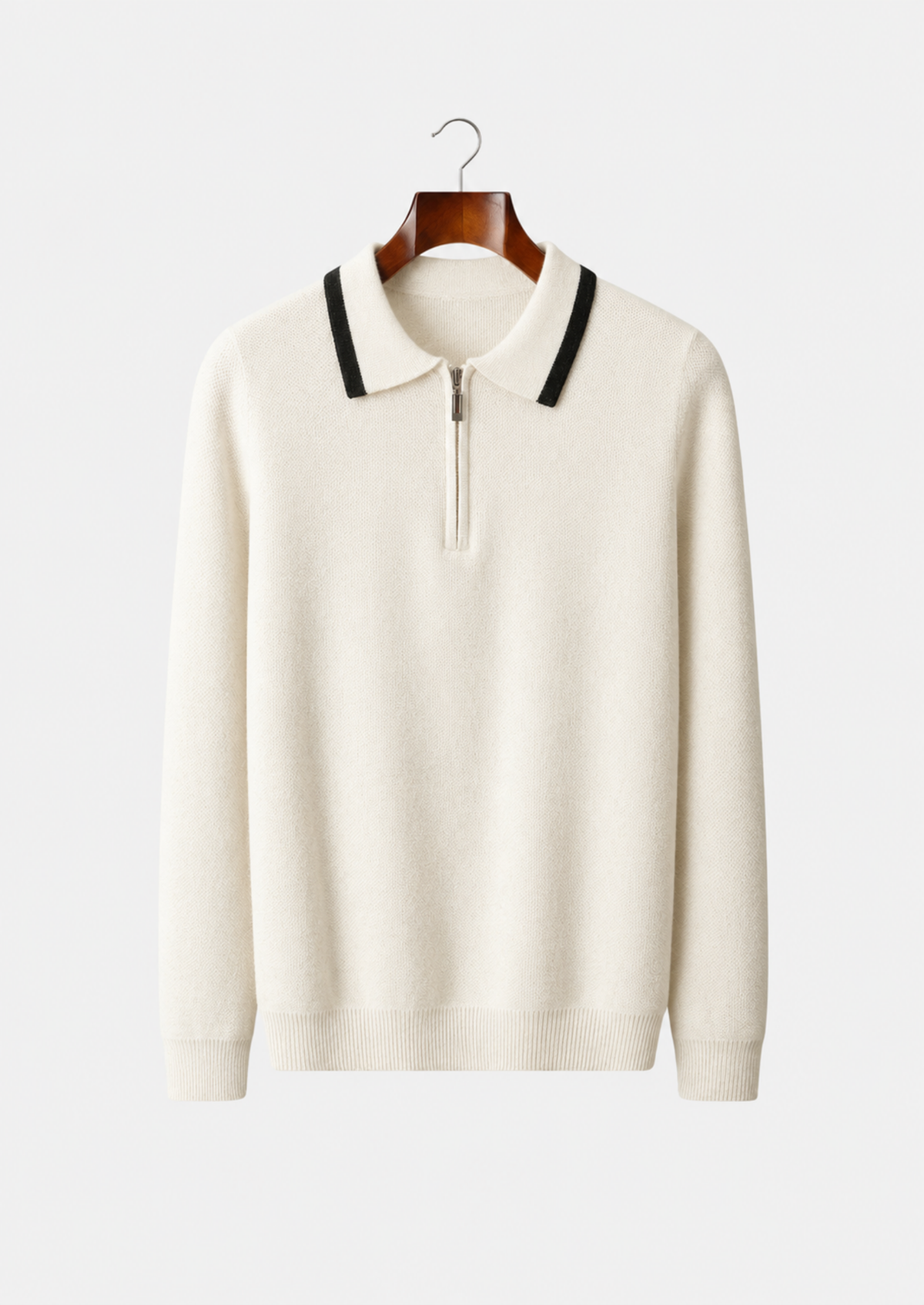 Men's Merino Wool Polo Collar Contrast-Zip Sweater