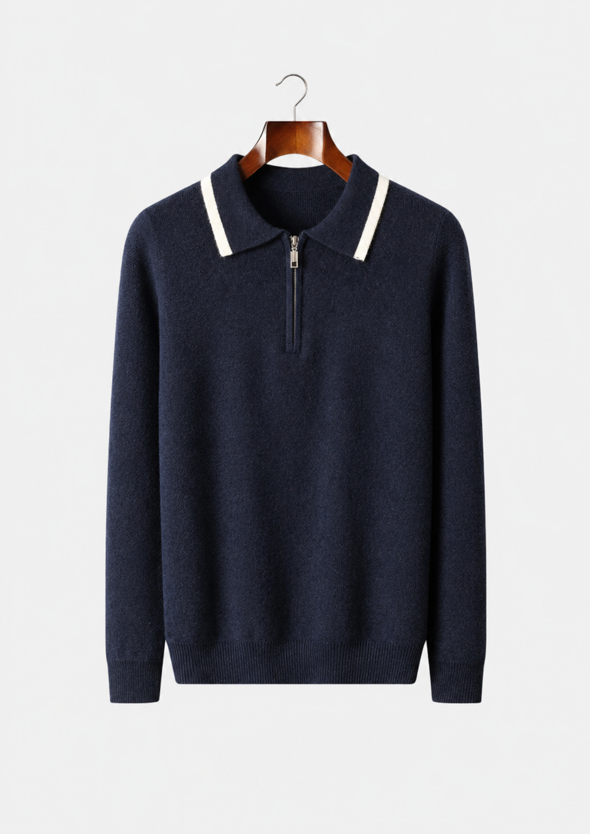 Men's Merino Wool Polo Collar Contrast-Zip Sweater