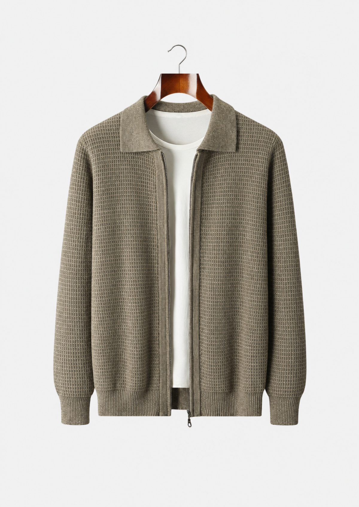 Men's Merino Wool Textured Zip Polo-Collar Cardigan