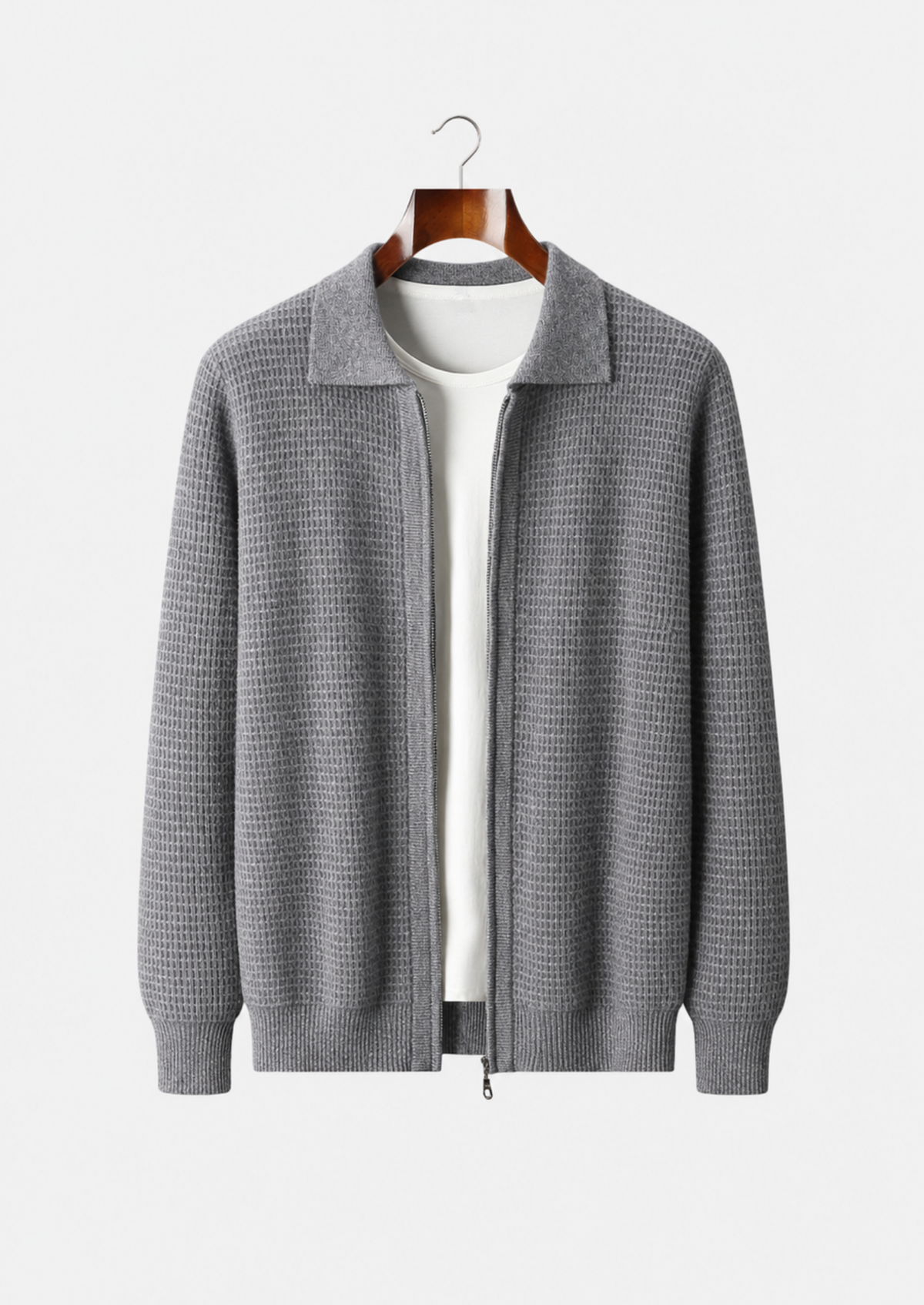 Men's Merino Wool Textured Zip Polo-Collar Cardigan