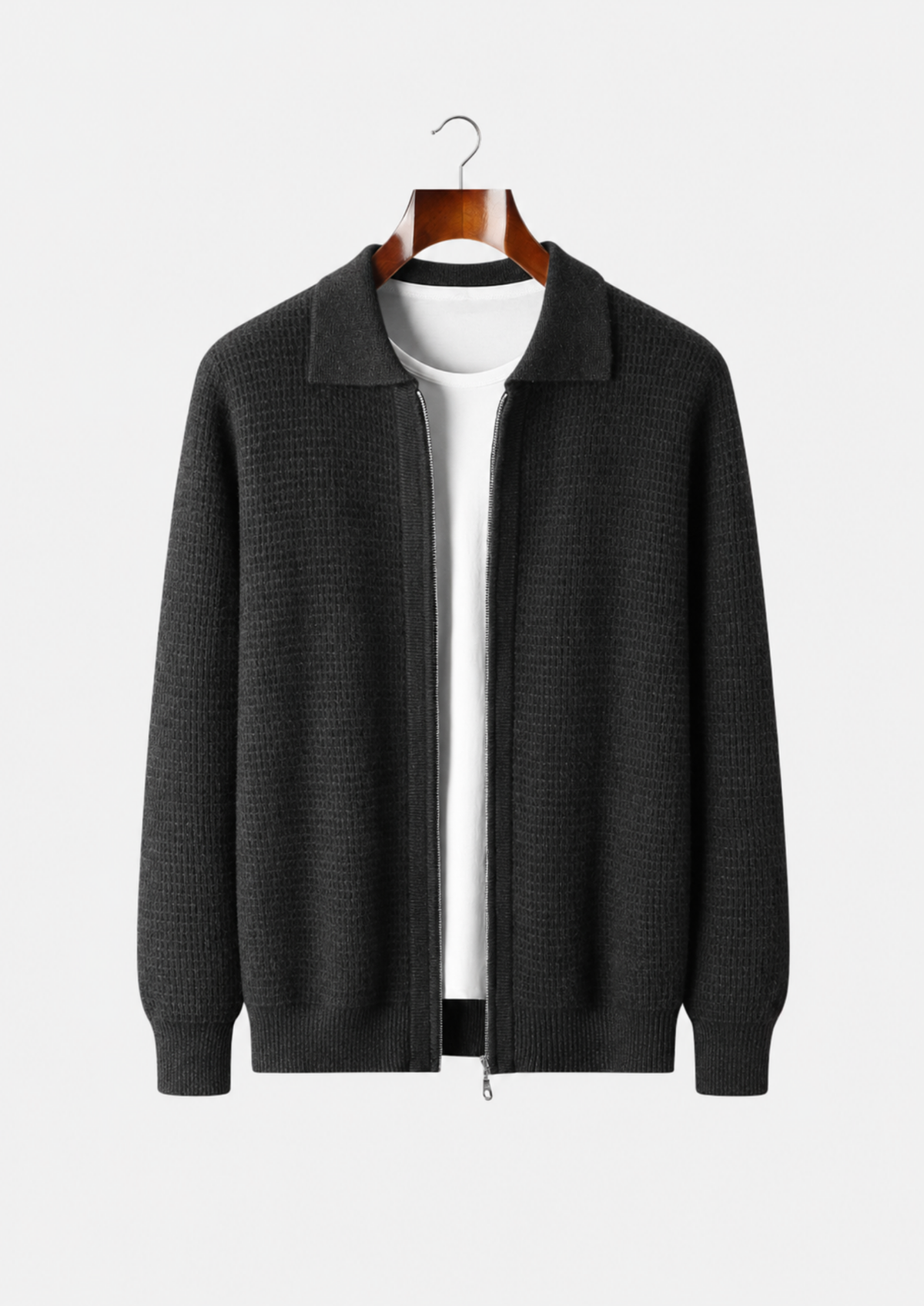 Men's Merino Wool Textured Zip Polo-Collar Cardigan