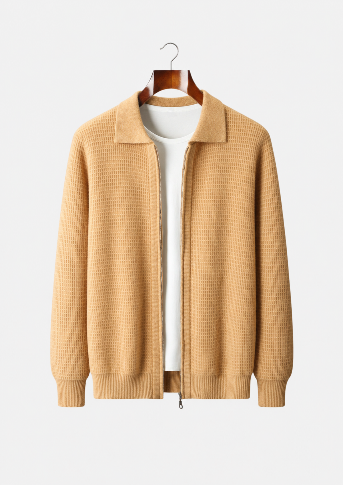 Men's Merino Wool Textured Zip Polo-Collar Cardigan