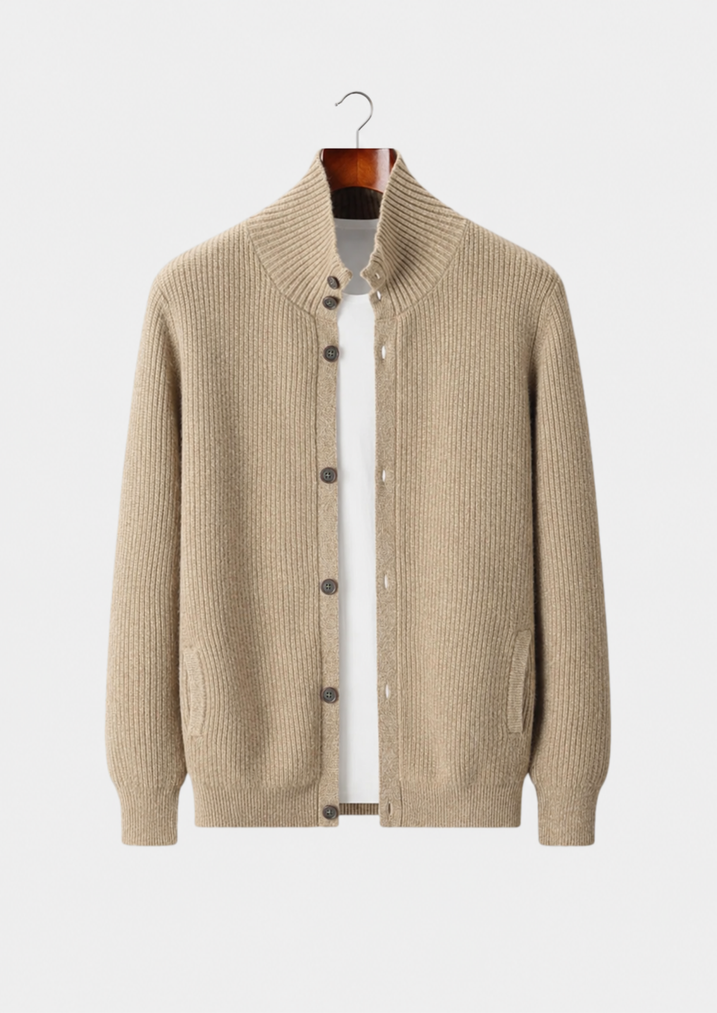 Men’s Ribbed Button-Front Cardigan with High Collar