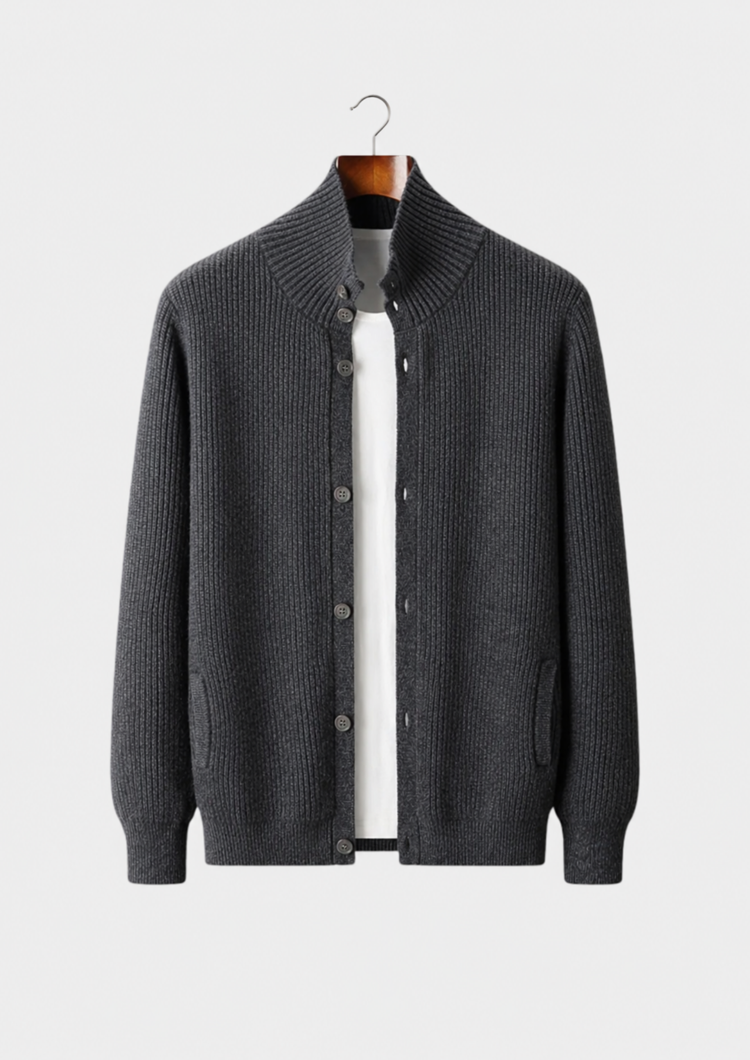 Men’s Ribbed Button-Front Cardigan with High Collar