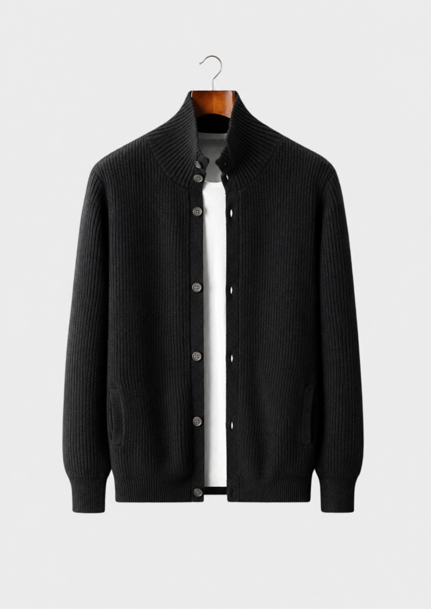 Men’s Ribbed Button-Front Cardigan with High Collar
