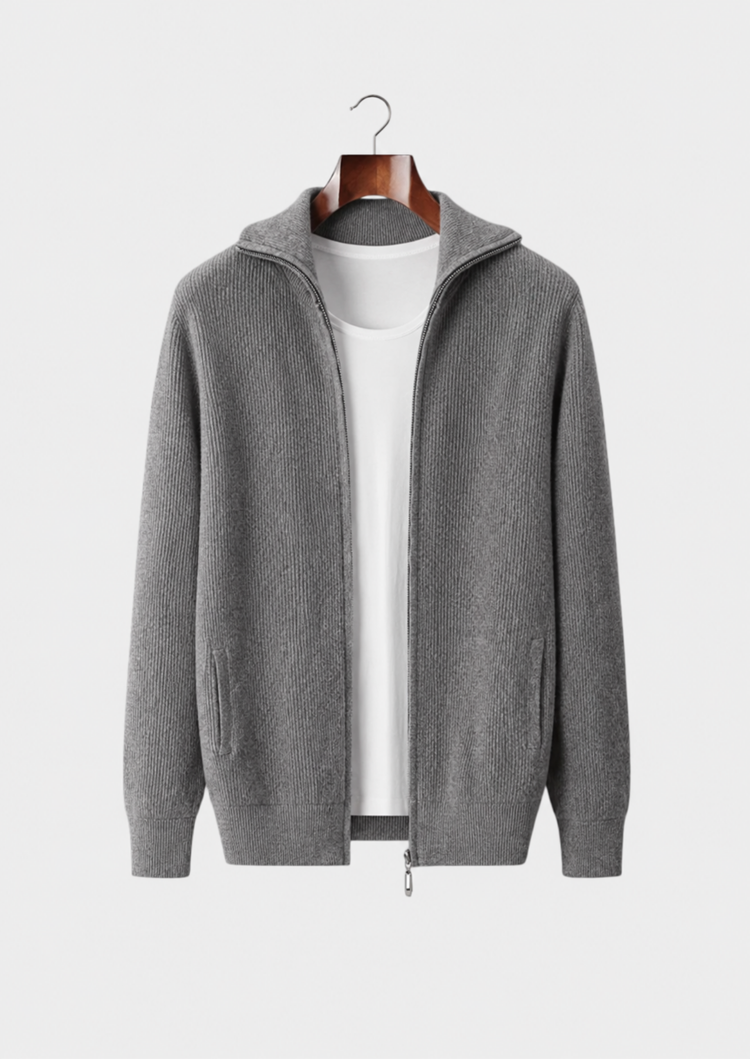 Men’s Ribbed Full-Zip Cardigan with Fold-Down Collar