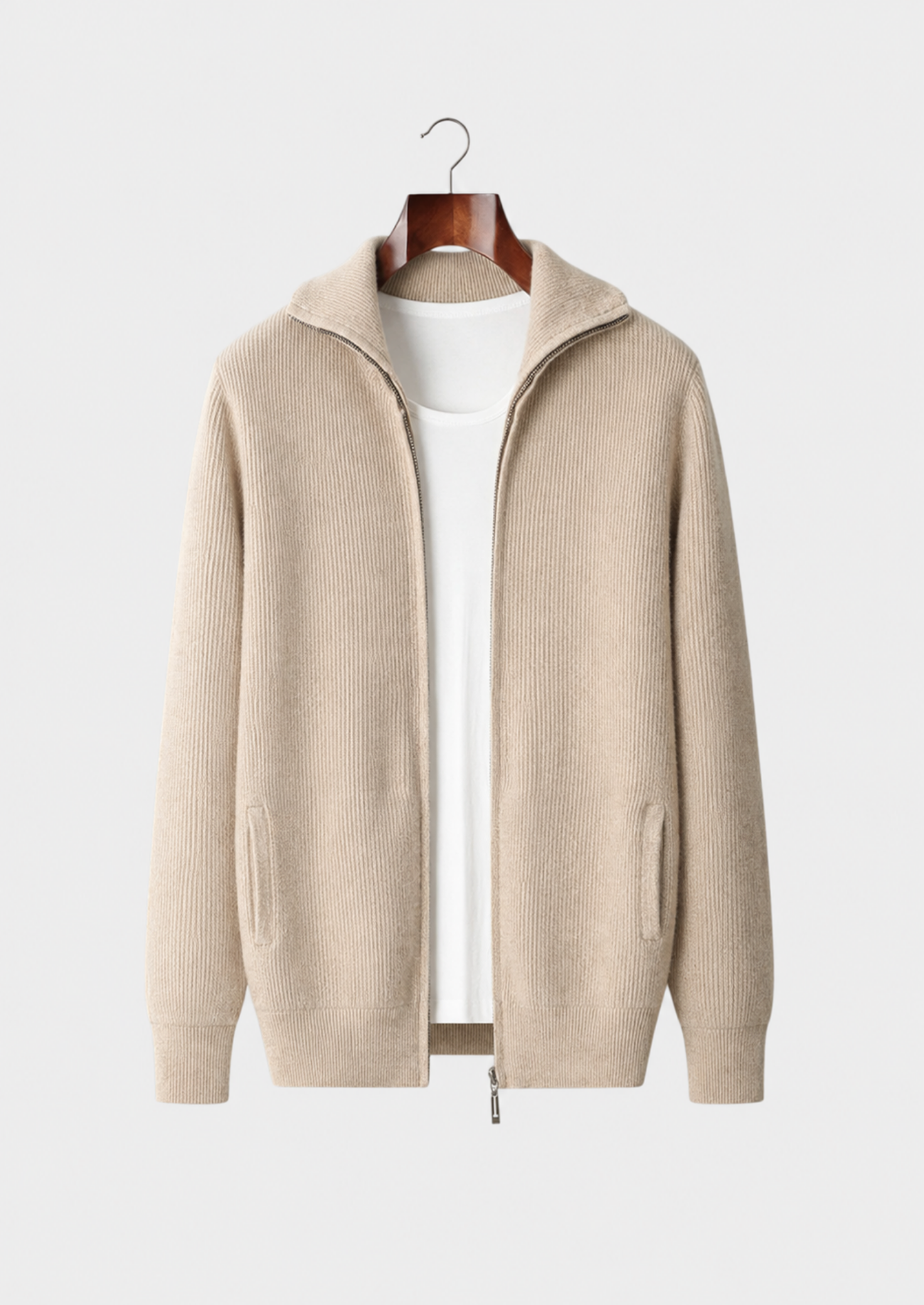Men’s Ribbed Full-Zip Cardigan with Fold-Down Collar
