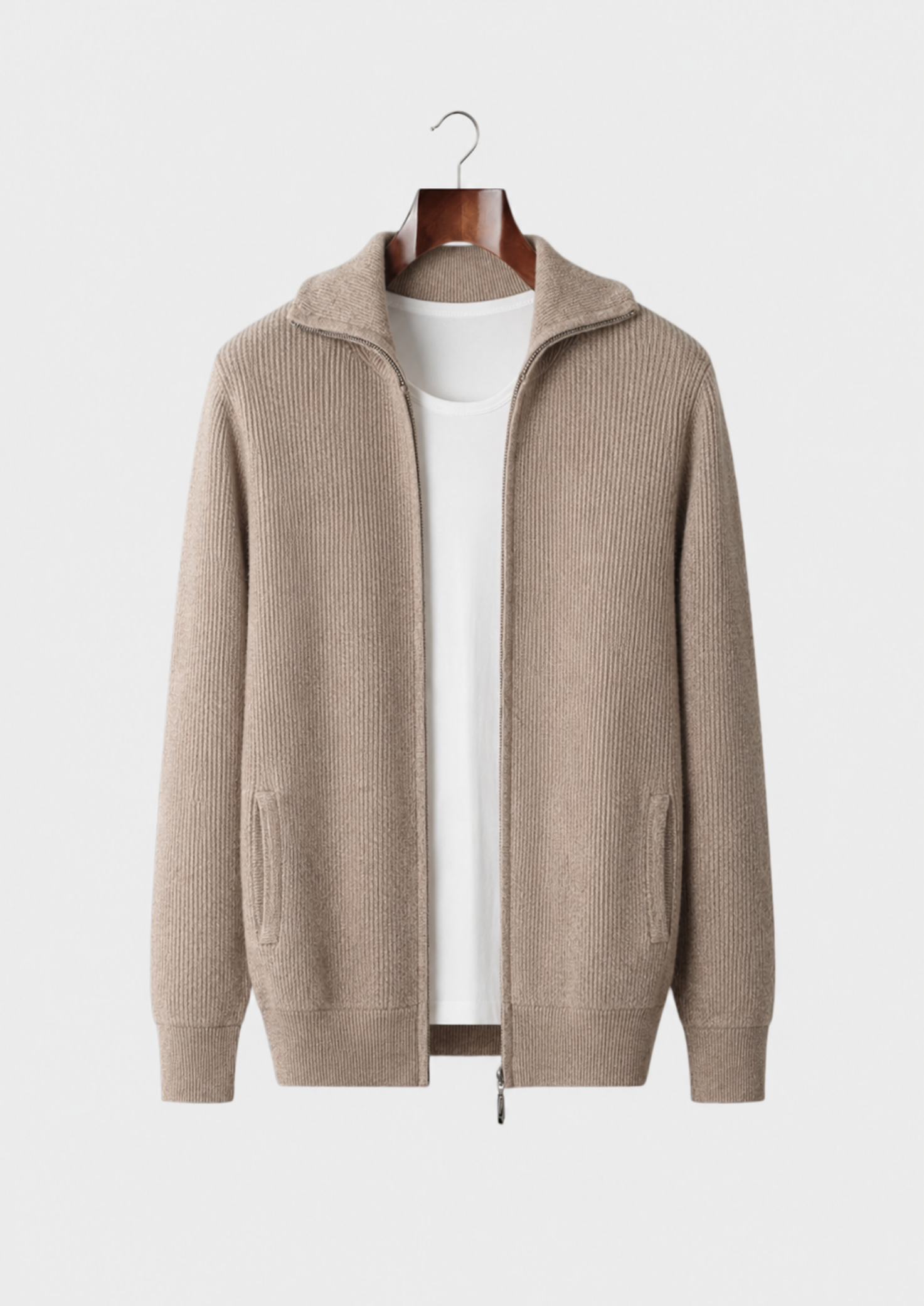 Men’s Ribbed Full-Zip Cardigan with Fold-Down Collar