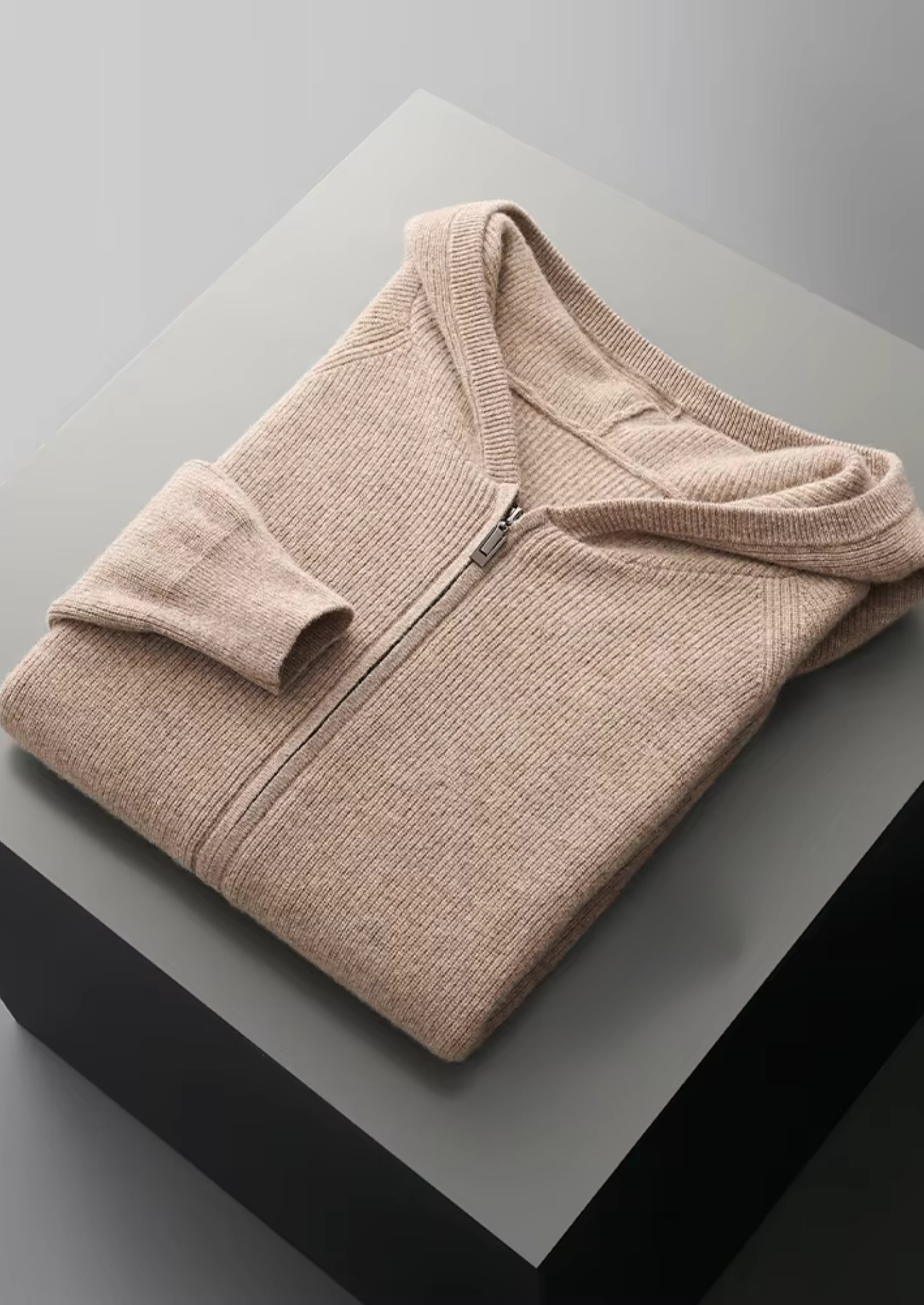 Men’s Ribbed Knit Hoodie with Full-Zip Front