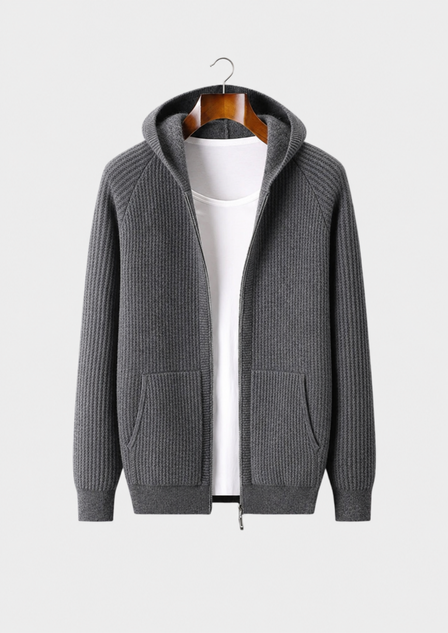 Men’s Waffle Knit Full-Zip Hoodie with Patch Pockets